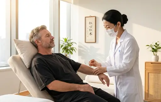 Traditional Chinese Medicine doctor performing acupuncture treatment on a patient in modern hospital room
