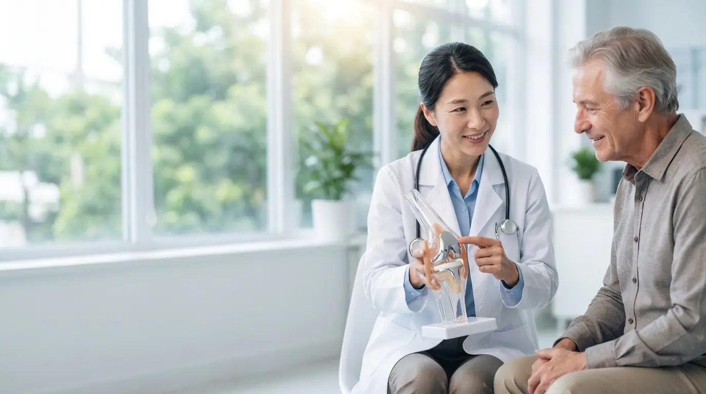 Doctor explaining knee replacement treatment to an international patient in China